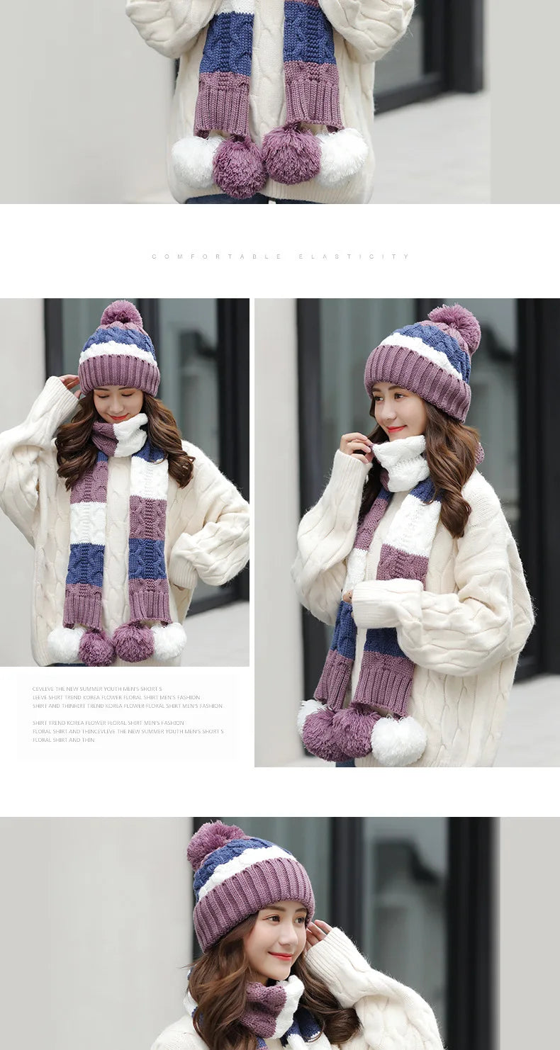 Women's Winter Knit Hat Scarf Two-piece  Velvet Beanies Cap Lady Warm Wool Ball Caps Sweet Cute knitted Earmuffs Hats