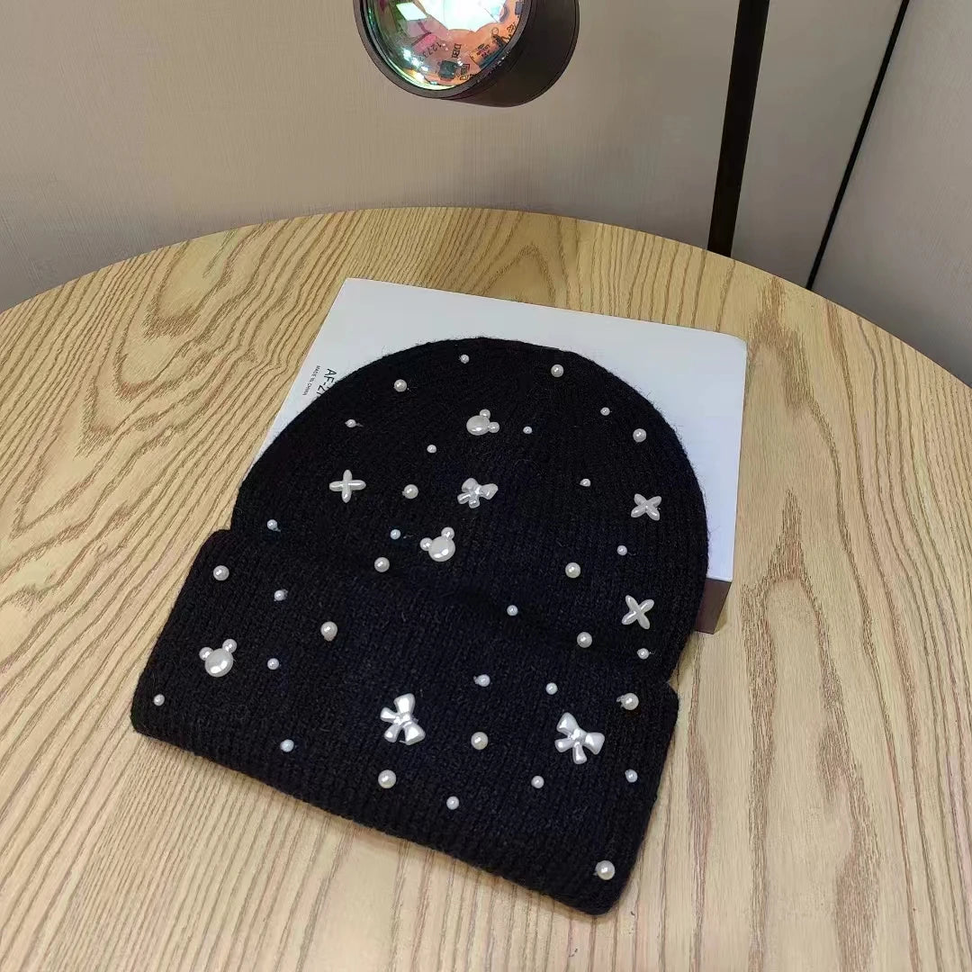 New Luxury Rhinestone Beads Knitted Hat Fur Wool  Cap Winter Fashion Thickened Warm Beanie's