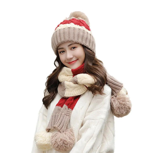 Women's Winter Knit Hat Scarf Two-piece  Velvet Beanies Cap Lady Warm Wool Ball Caps Sweet Cute knitted Earmuffs Hats