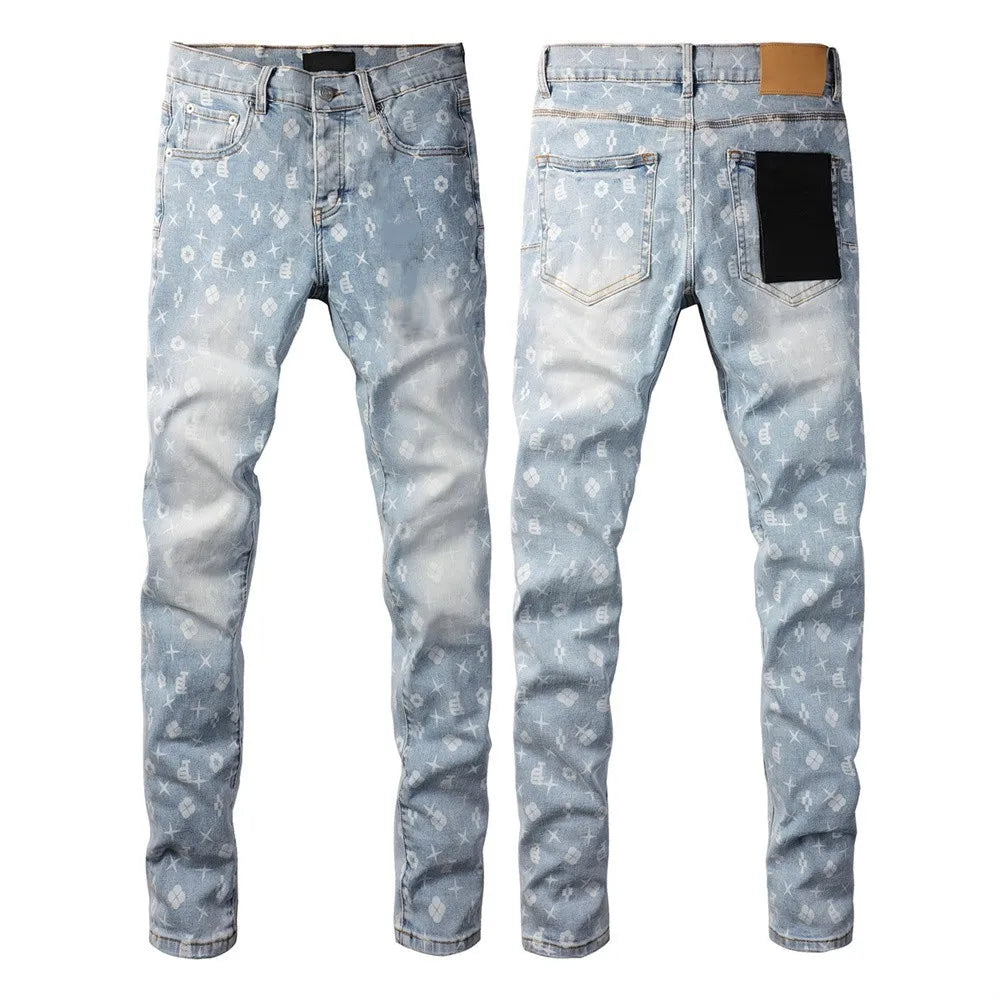 Men Jeans Fashion High Street Retro wash Light Blue Distressed Tie Dye  Stretch Skinny Button Fly Hole Ripped Jeans Pants