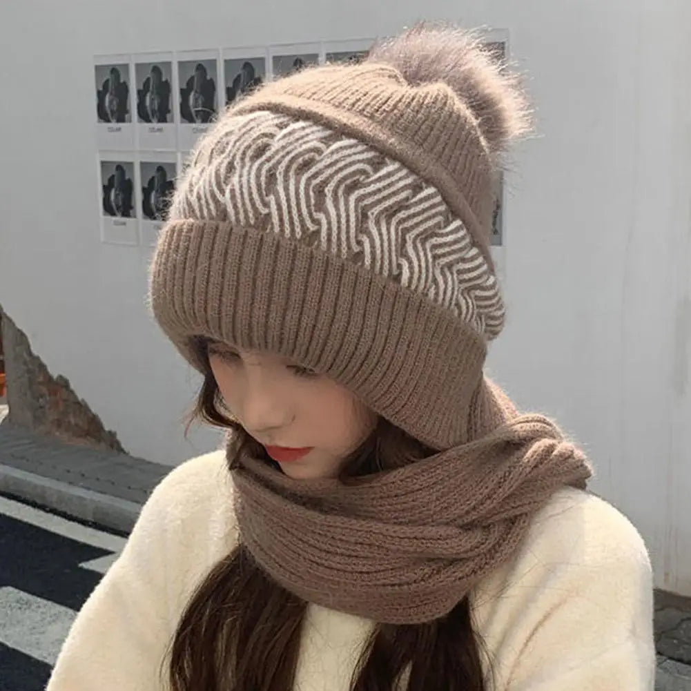 Women's Knitted Hat Double Warm Padded Thickened Hat Scarf Wool Knitting  Wind and Snow Beanies Hats