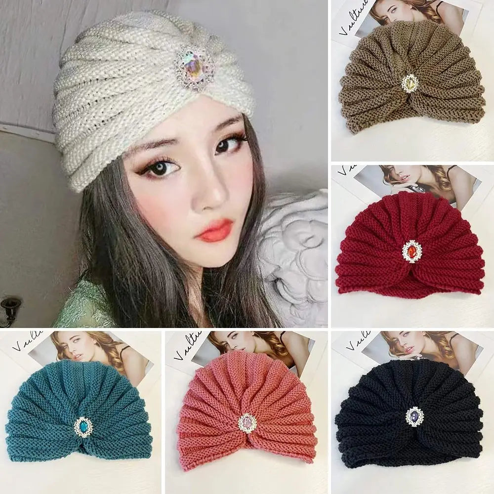 Women's Fashion Winter Warm Hijab Caps Soft Thick Bohemia Turban Wool Knitting Cashmere Turban Cap