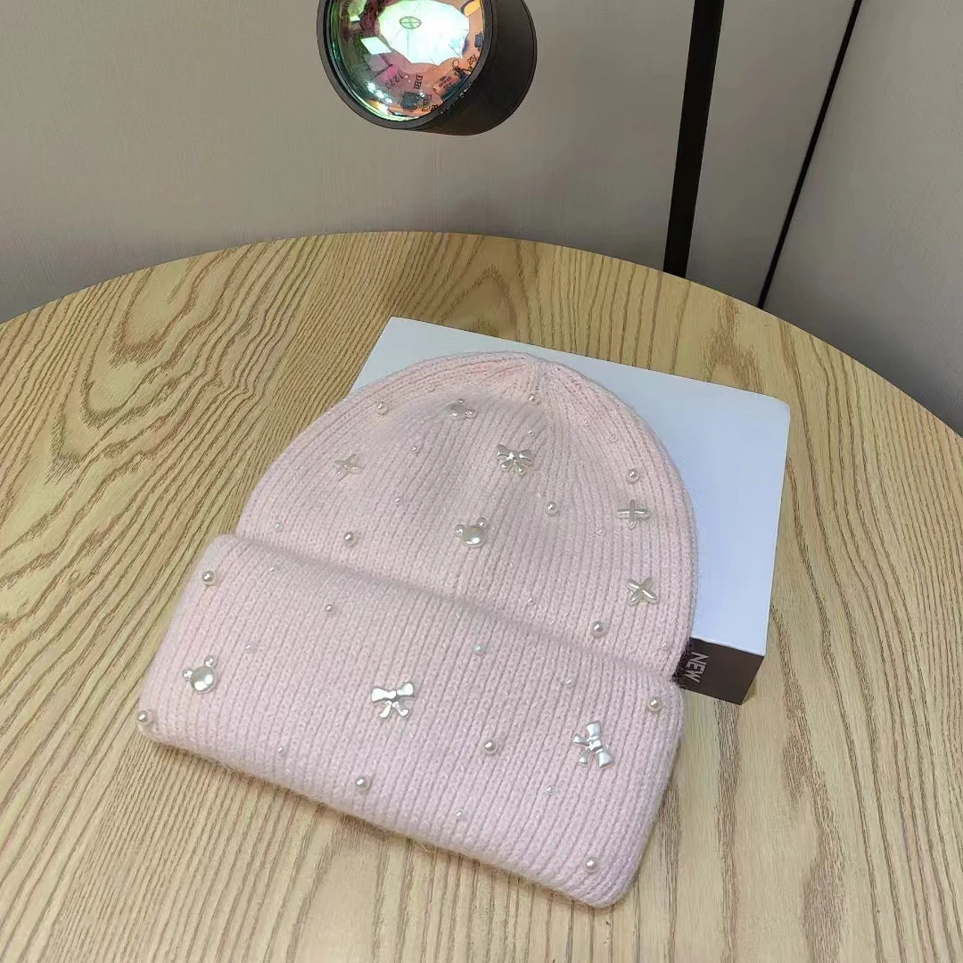 New Luxury Rhinestone Beads Knitted Hat Fur Wool  Cap Winter Fashion Thickened Warm Beanie's