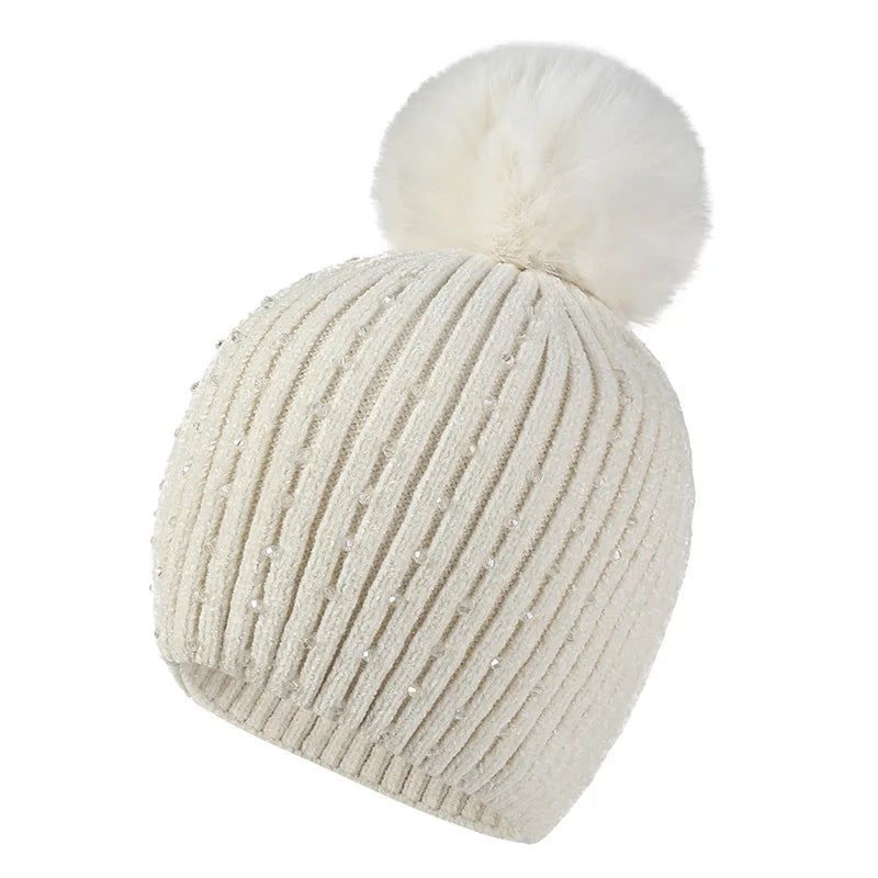 2025 Women Winter Fashion Hat Pompom Balls Cap Pearls Rhinestones Knitted Wool Beanie Casual Outdoor Warm  Hats