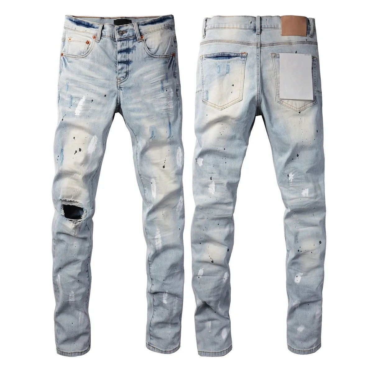 Men Jeans Fashion High Street Retro wash Light Blue Distressed Tie Dye  Stretch Skinny Button Fly Hole Ripped Jeans Pants