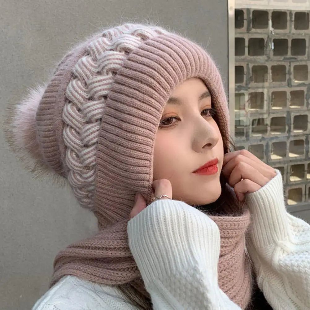 Women's Knitted Hat Double Warm Padded Thickened Hat Scarf Wool Knitting  Wind and Snow Beanies Hats