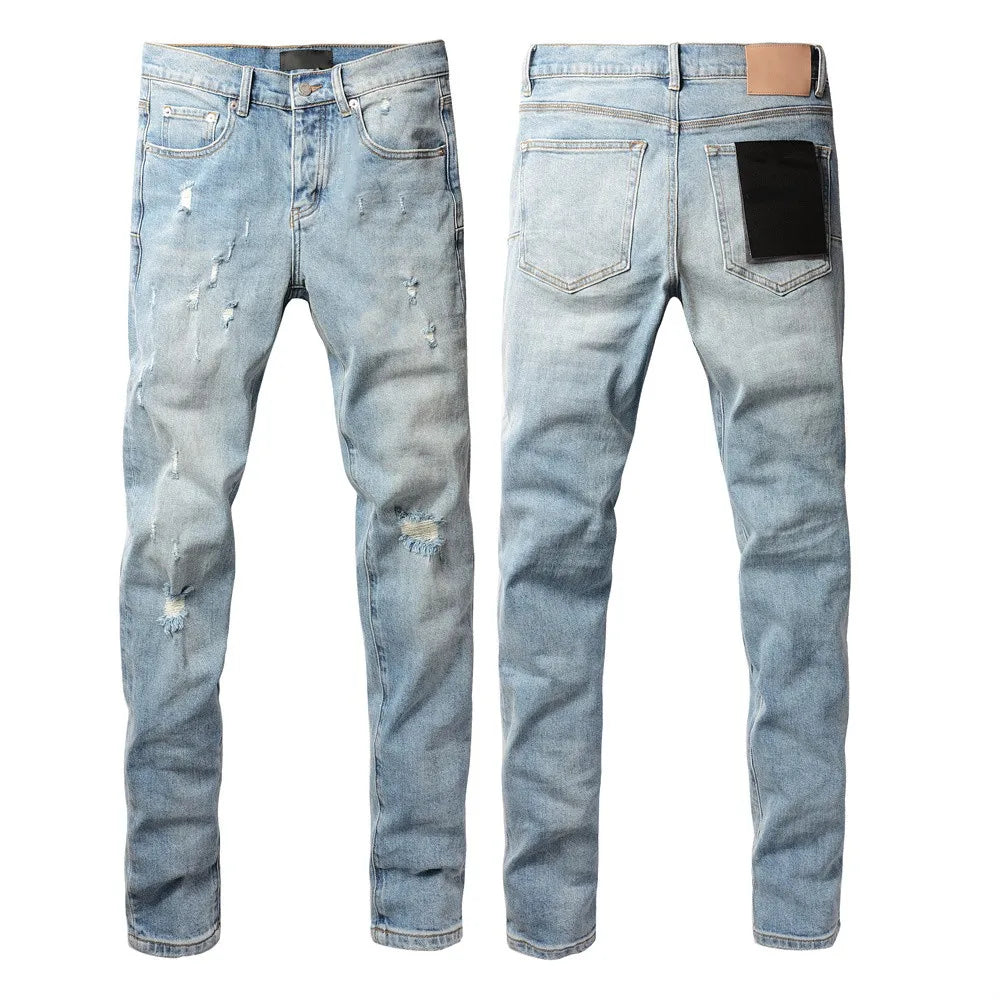 Men Jeans Fashion High Street Retro wash Light Blue Distressed Tie Dye  Stretch Skinny Button Fly Hole Ripped Jeans Pants