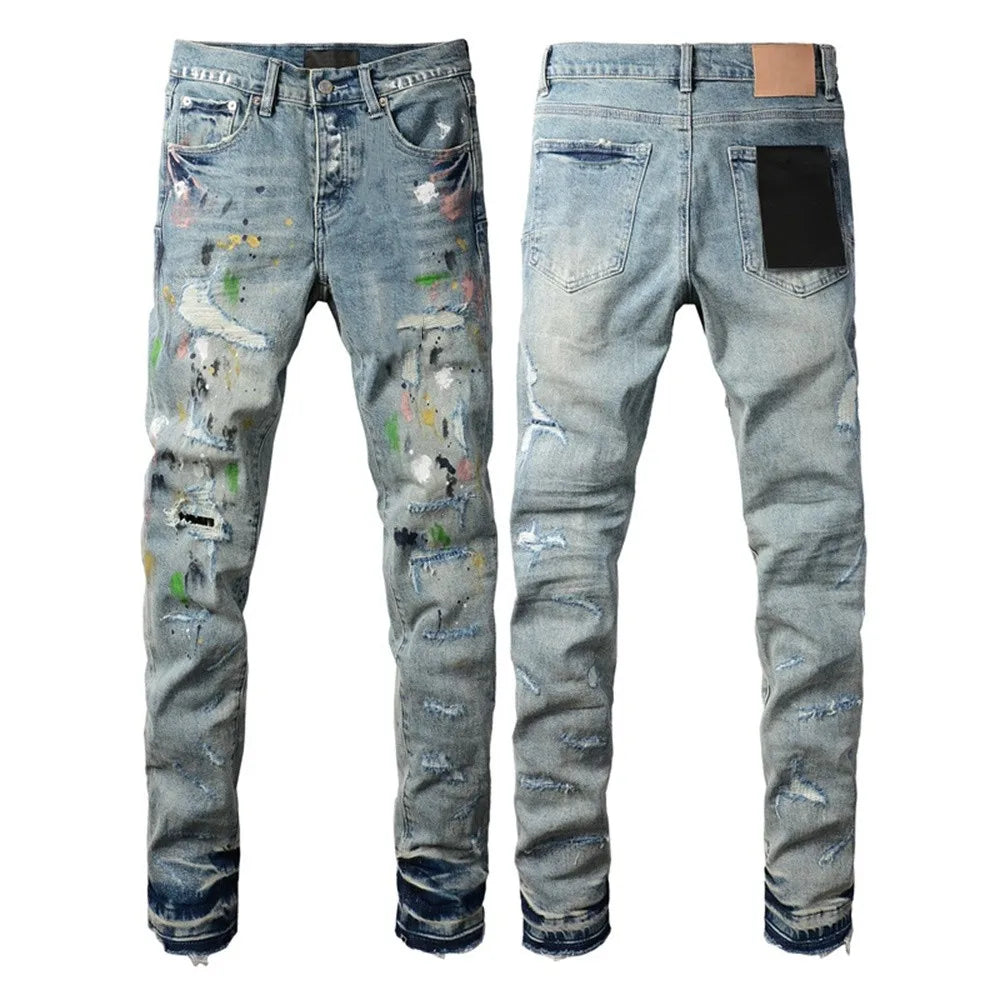 Men Jeans Fashion High Street Retro wash Light Blue Distressed Tie Dye  Stretch Skinny Button Fly Hole Ripped Jeans Pants