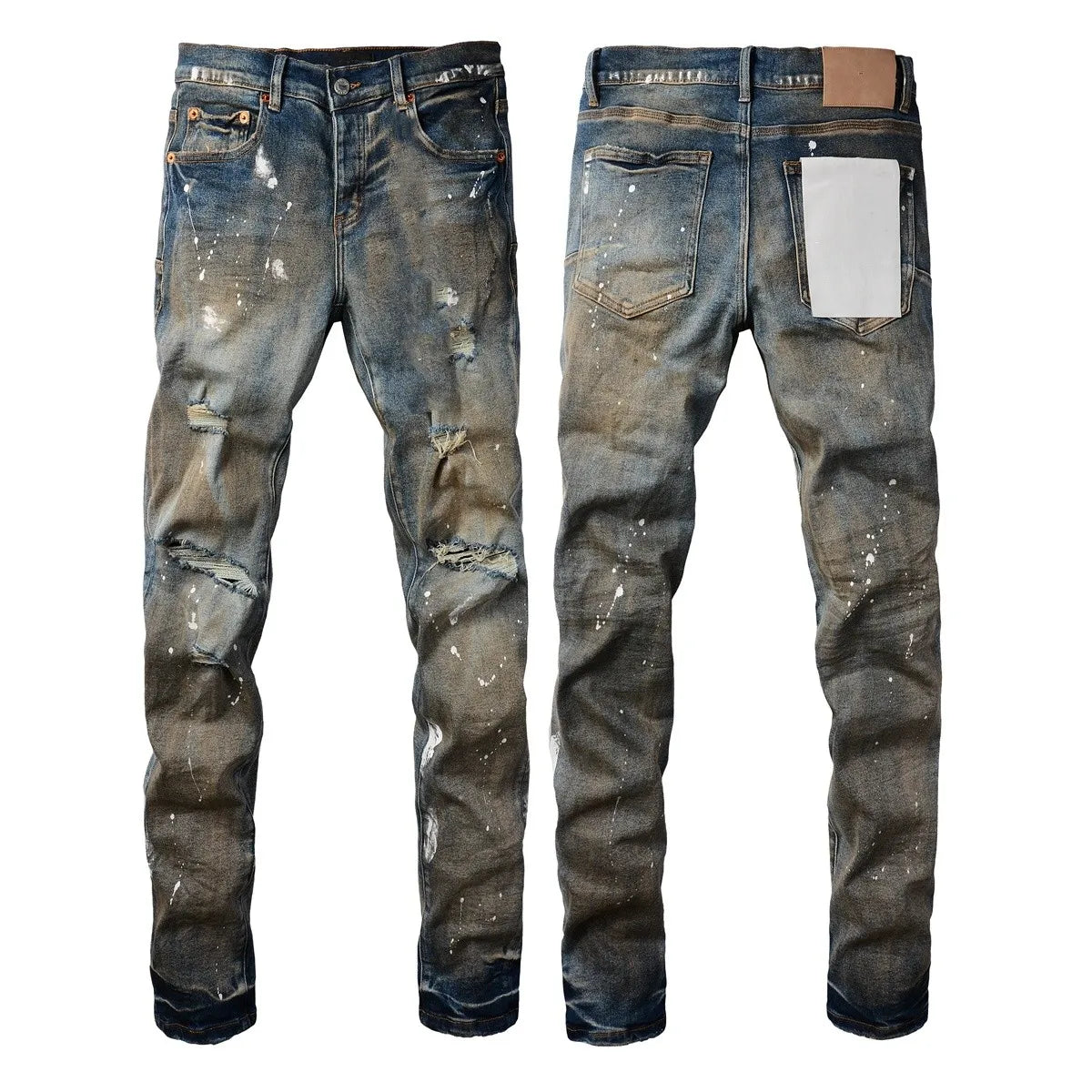 Men Jeans Fashion High Street Retro wash Light Blue Distressed Tie Dye  Stretch Skinny Button Fly Hole Ripped Jeans Pants