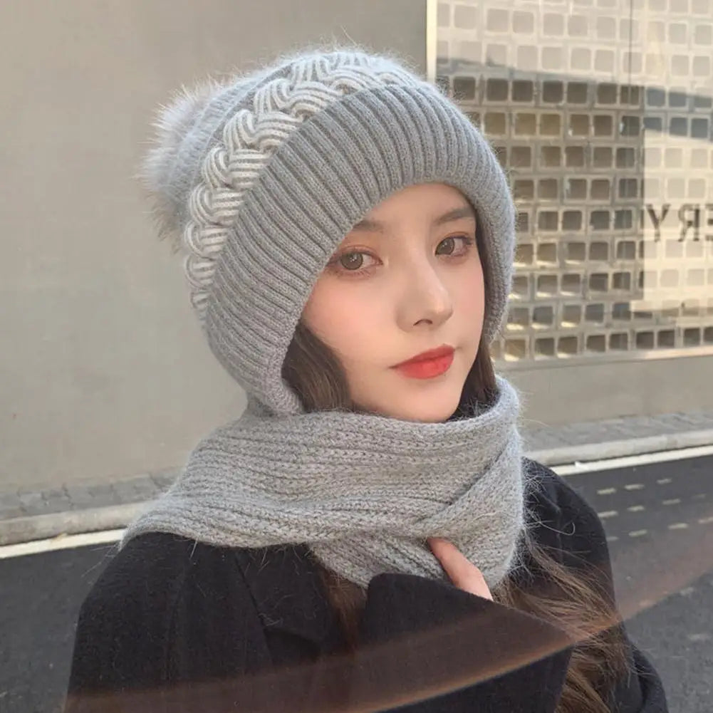 Women's Knitted Hat Double Warm Padded Thickened Hat Scarf Wool Knitting  Wind and Snow Beanies Hats