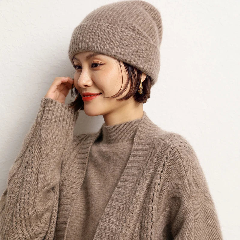 Women's 2025  Autumn Winter Hats 100% Pure Cashmere Knitted Soft Warm Thick Cap  High Quality