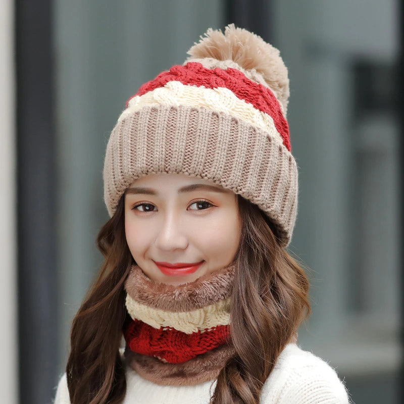 Women's Winter Knit Hat Scarf Two-piece  Velvet Beanies Cap Lady Warm Wool Ball Caps Sweet Cute knitted Earmuffs Hats