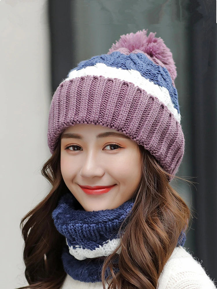 Women's Winter Knit Hat Scarf Two-piece  Velvet Beanies Cap Lady Warm Wool Ball Caps Sweet Cute knitted Earmuffs Hats