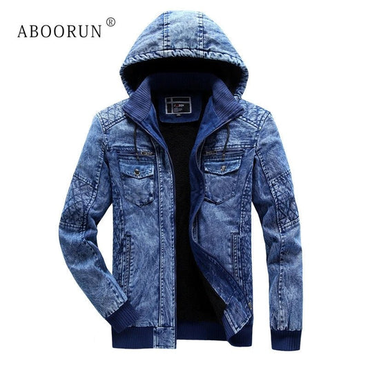 ABOORUN Men's Winter Denim Jackets Blue Fleece Hooded Jeans Jacket Brand Casual Cotton Coat for Male - PratSN