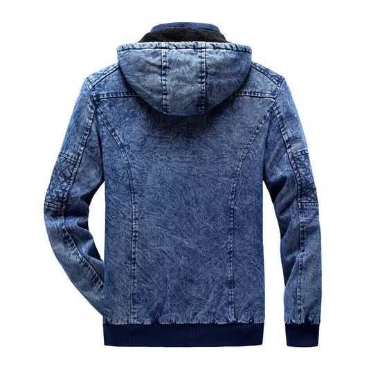 ABOORUN Men's Winter Denim Jackets Blue Fleece Hooded Jeans Jacket Brand Casual Cotton Coat for Male - PratSN