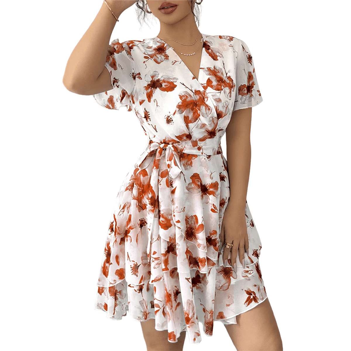 ABRT - Womens Summer Dresses Floral V Neck Ruffled Hem Spaghetti Spring Casual Beach Outfits Flowy Wrap Sun Dress - PratSN