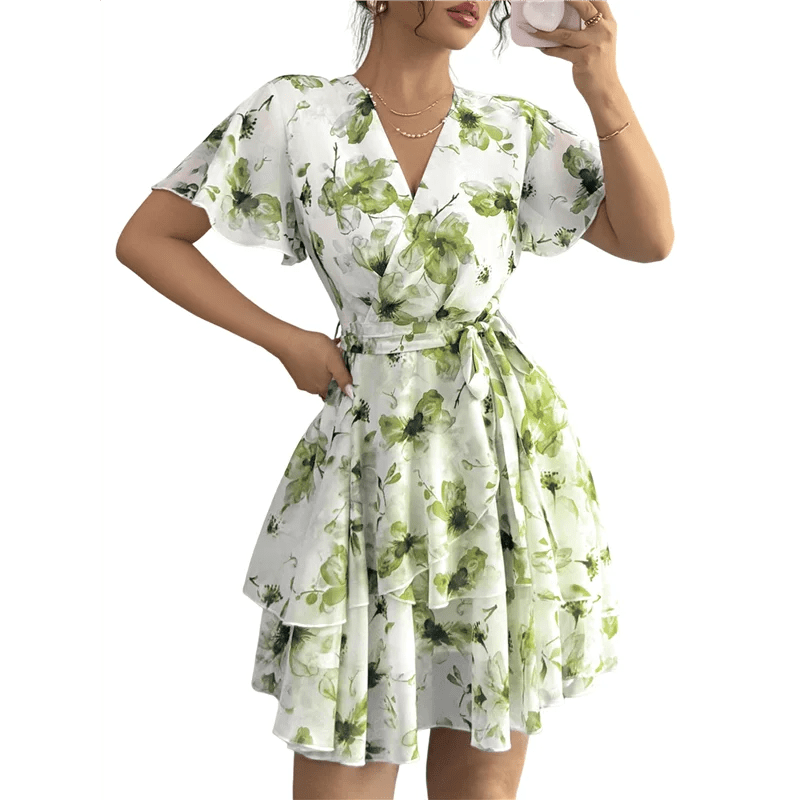 ABRT - Womens Summer Dresses Floral V Neck Ruffled Hem Spaghetti Spring Casual Beach Outfits Flowy Wrap Sun Dress - PratSN