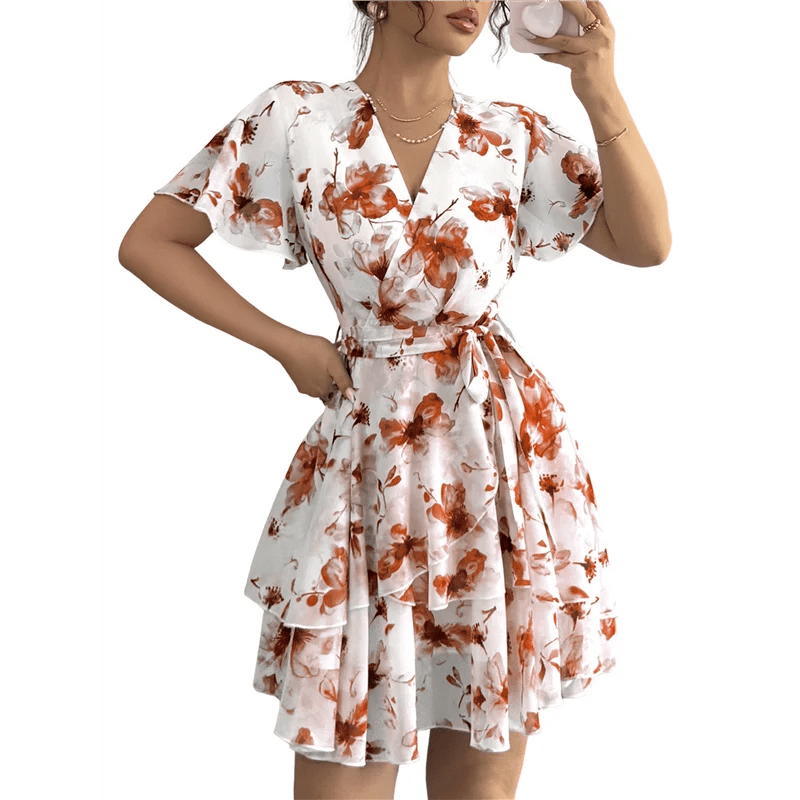 ABRT - Womens Summer Dresses Floral V Neck Ruffled Hem Spaghetti Spring Casual Beach Outfits Flowy Wrap Sun Dress - PratSN