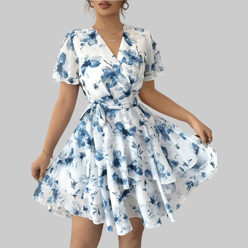 ABRT - Womens Summer Dresses Floral V Neck Ruffled Hem Spaghetti Spring Casual Beach Outfits Flowy Wrap Sun Dress - PratSN