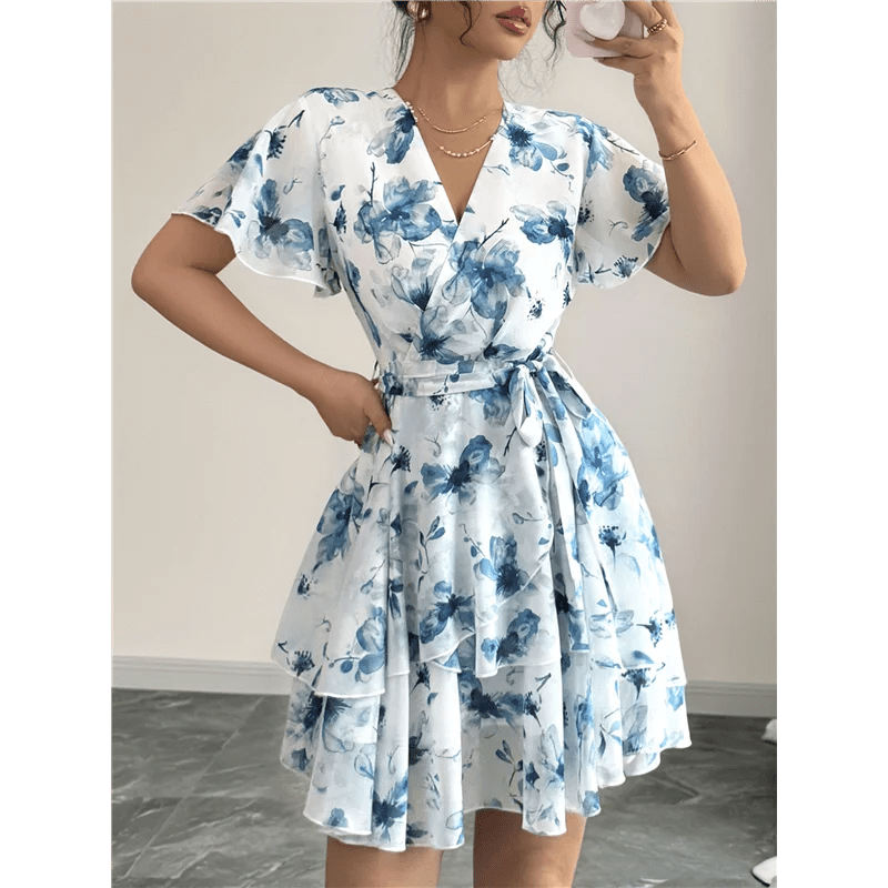 ABRT - Womens Summer Dresses Floral V Neck Ruffled Hem Spaghetti Spring Casual Beach Outfits Flowy Wrap Sun Dress - PratSN