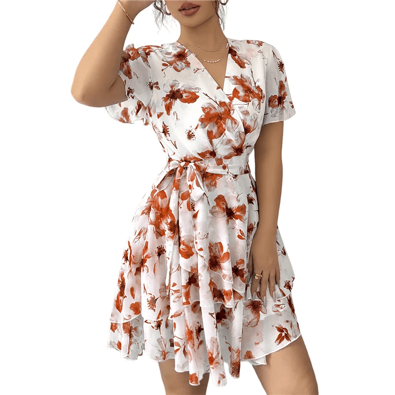 ABRT - Womens Summer Dresses Floral V Neck Ruffled Hem Spaghetti Spring Casual Beach Outfits Flowy Wrap Sun Dress - PratSN