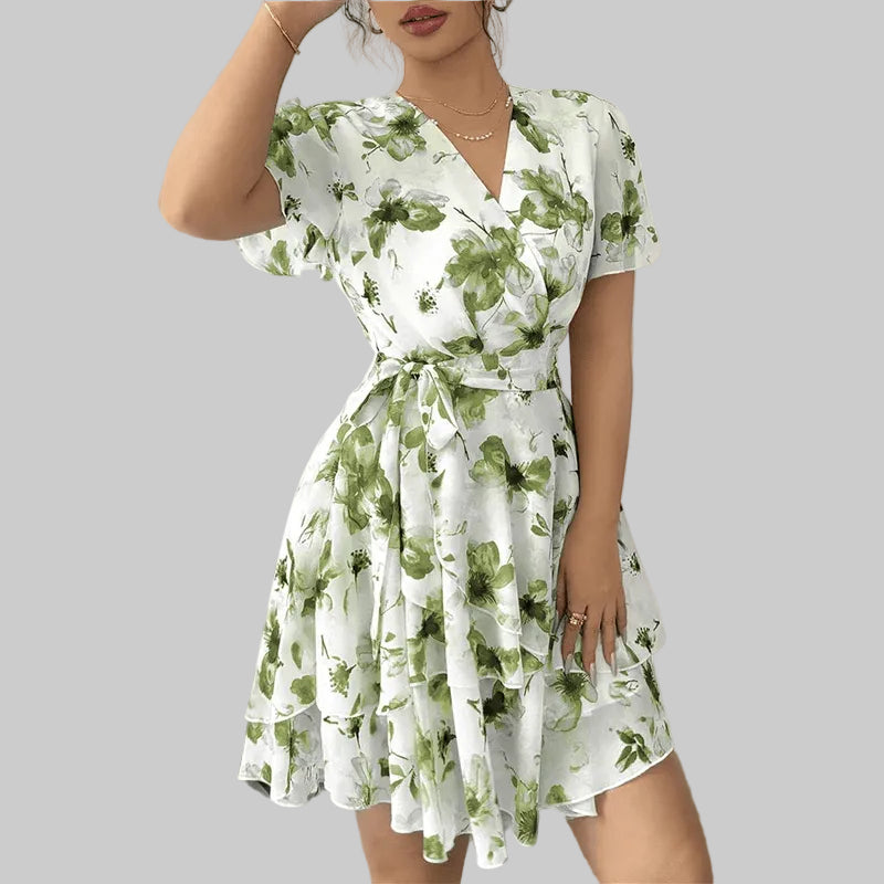 ABRT - Womens Summer Dresses Floral V Neck Ruffled Hem Spaghetti Spring Casual Beach Outfits Flowy Wrap Sun Dress - PratSN