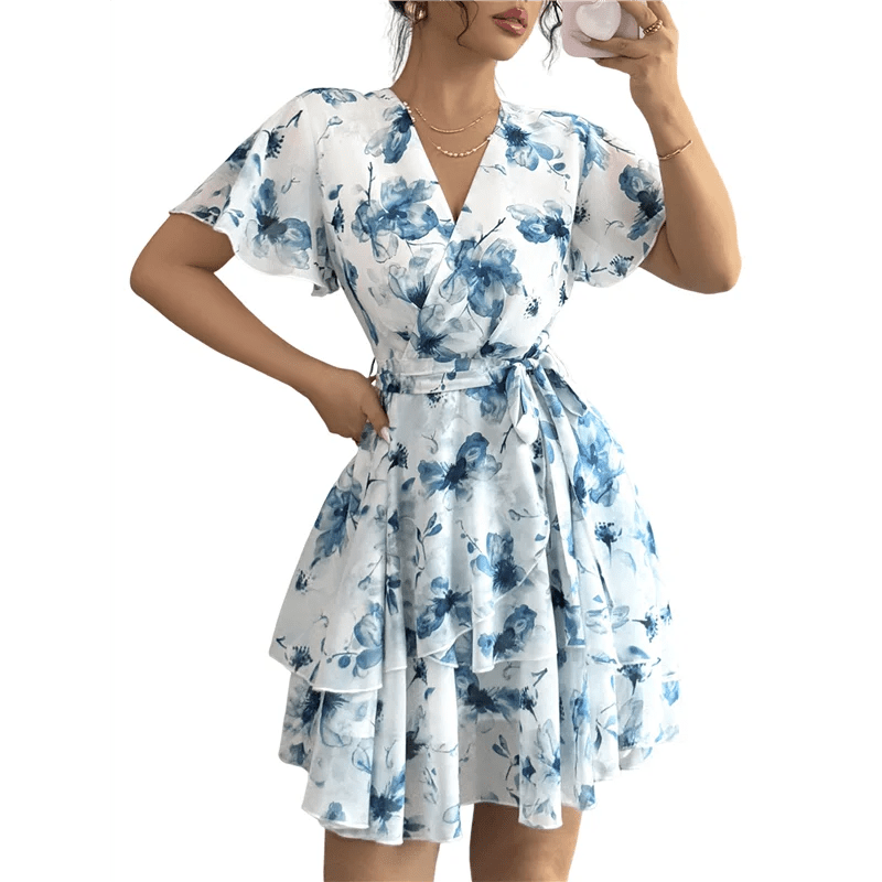 ABRT - Womens Summer Dresses Floral V Neck Ruffled Hem Spaghetti Spring Casual Beach Outfits Flowy Wrap Sun Dress - PratSN