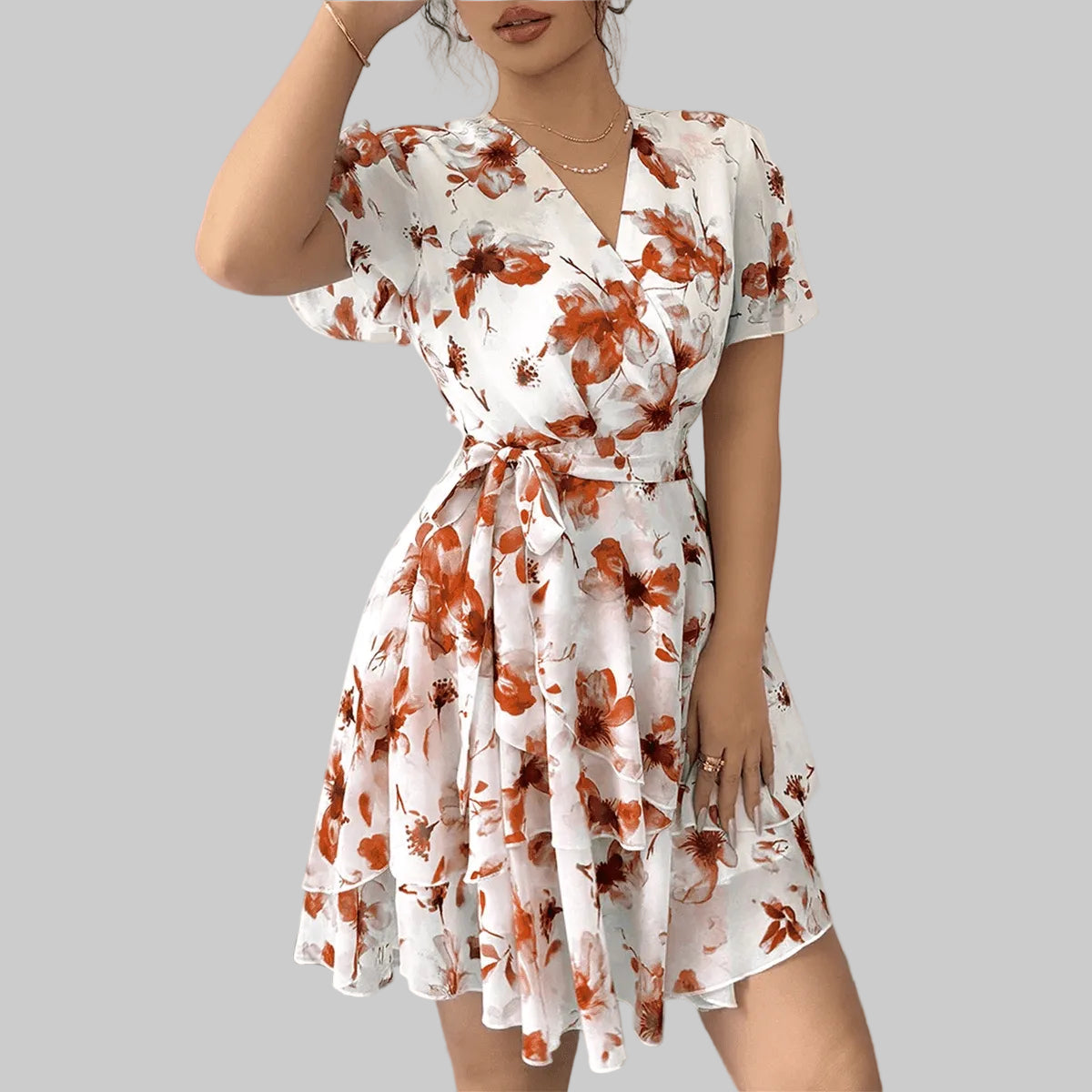 ABRT - Womens Summer Dresses Floral V Neck Ruffled Hem Spaghetti Spring Casual Beach Outfits Flowy Wrap Sun Dress - PratSN