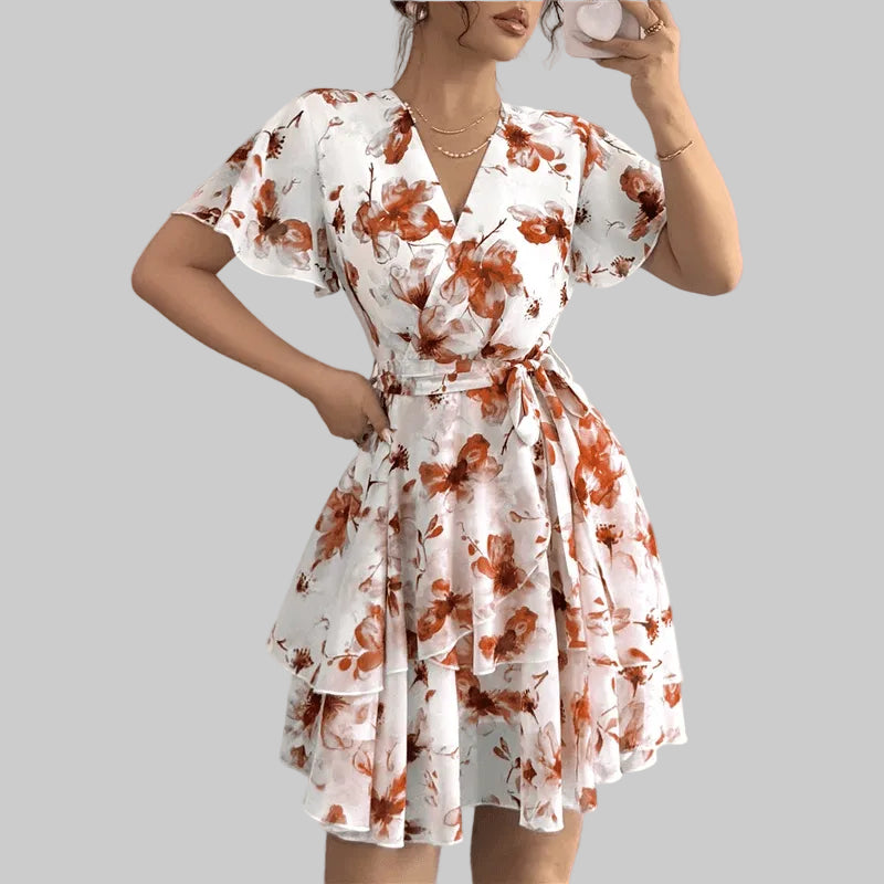 ABRT - Womens Summer Dresses Floral V Neck Ruffled Hem Spaghetti Spring Casual Beach Outfits Flowy Wrap Sun Dress - PratSN