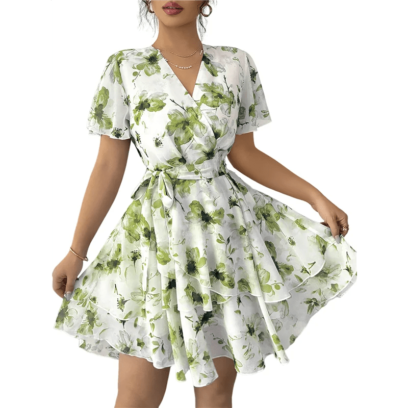 ABRT - Womens Summer Dresses Floral V Neck Ruffled Hem Spaghetti Spring Casual Beach Outfits Flowy Wrap Sun Dress - PratSN