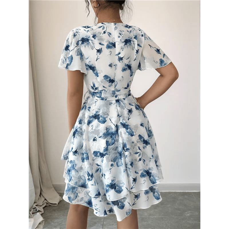 ABRT - Womens Summer Dresses Floral V Neck Ruffled Hem Spaghetti Spring Casual Beach Outfits Flowy Wrap Sun Dress - PratSN