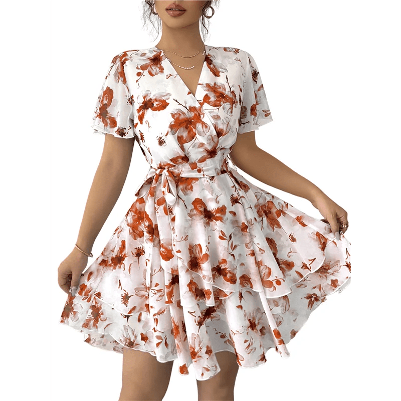 ABRT - Womens Summer Dresses Floral V Neck Ruffled Hem Spaghetti Spring Casual Beach Outfits Flowy Wrap Sun Dress - PratSN