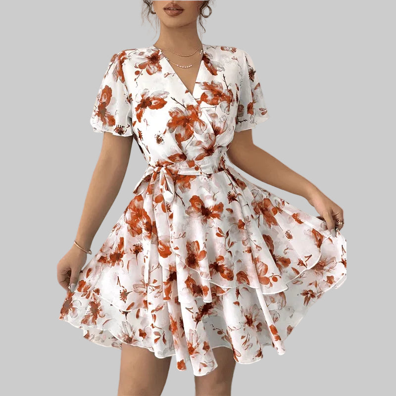 ABRT - Womens Summer Dresses Floral V Neck Ruffled Hem Spaghetti Spring Casual Beach Outfits Flowy Wrap Sun Dress - PratSN