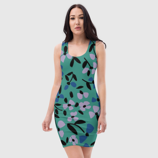 Women's bodycon dress, Pine green and light pink bodycon dress, Floral bodycon dress, multicolor tank top dress, elegant bodycon, sleeveless dress for your favorite party, summer and spring dress