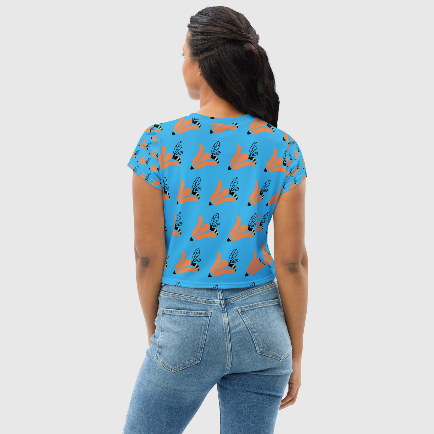 Women's all-over print crop tee, Lagoon orange color crop tee, Floral crop tee, Trendy crop tee for summer and spring