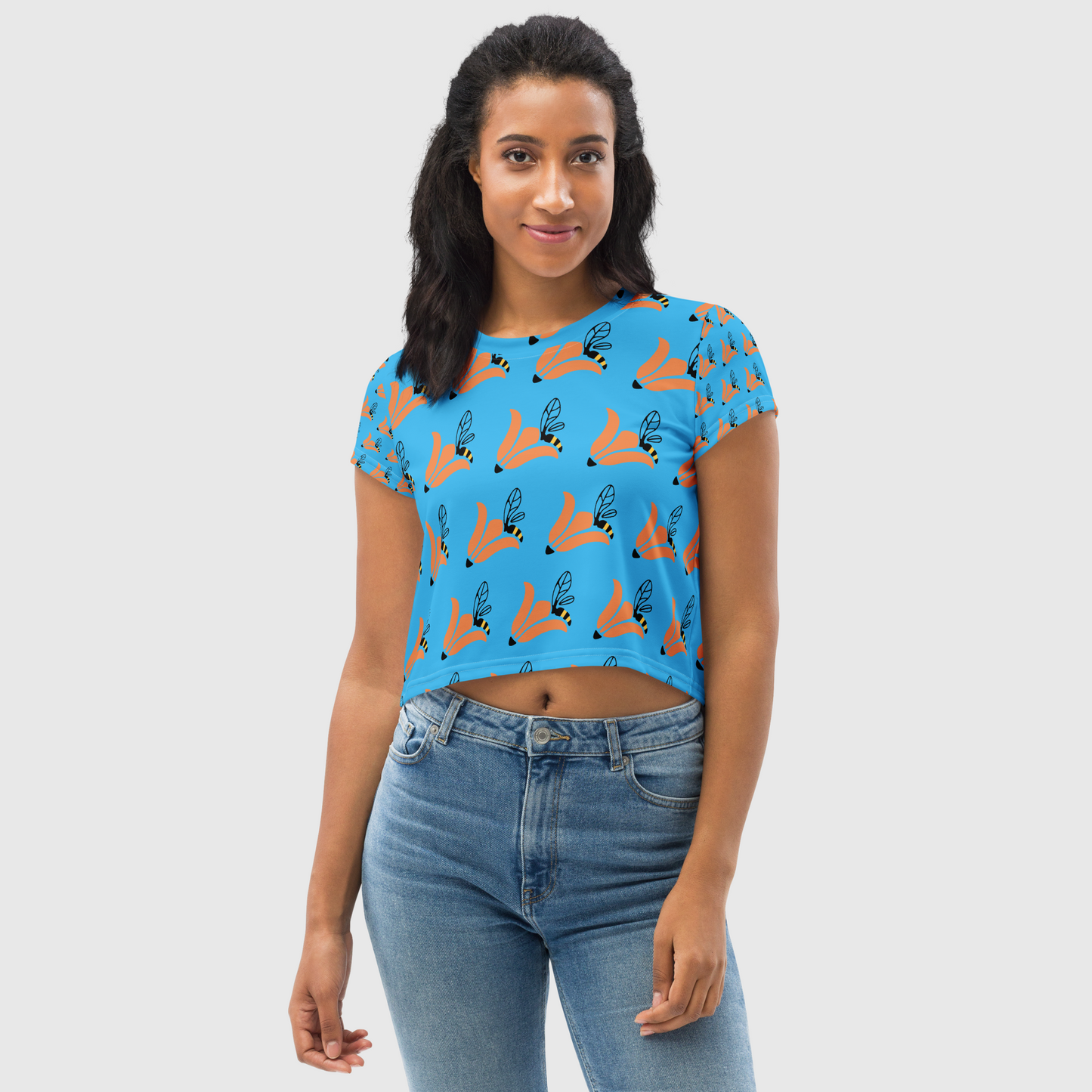 Women's all-over print crop tee, Lagoon orange color crop tee, Floral crop tee, Trendy crop tee for summer and spring