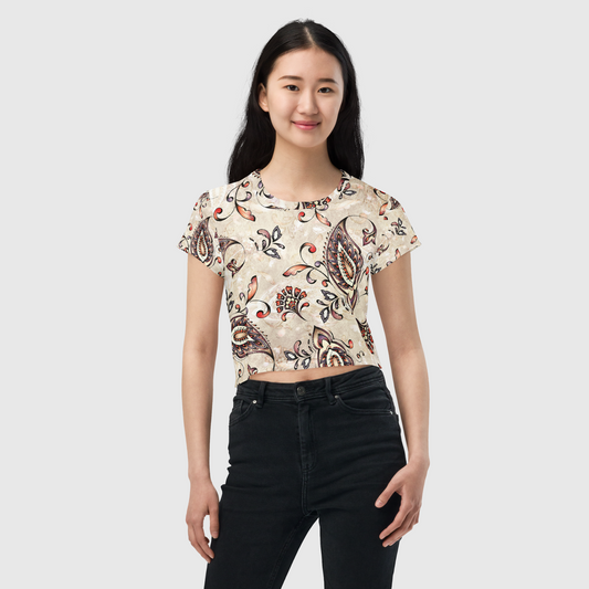 Women's all-over print crop tee, classic crop tee, Floral crop tee, Trendy crop tee for summer and spring