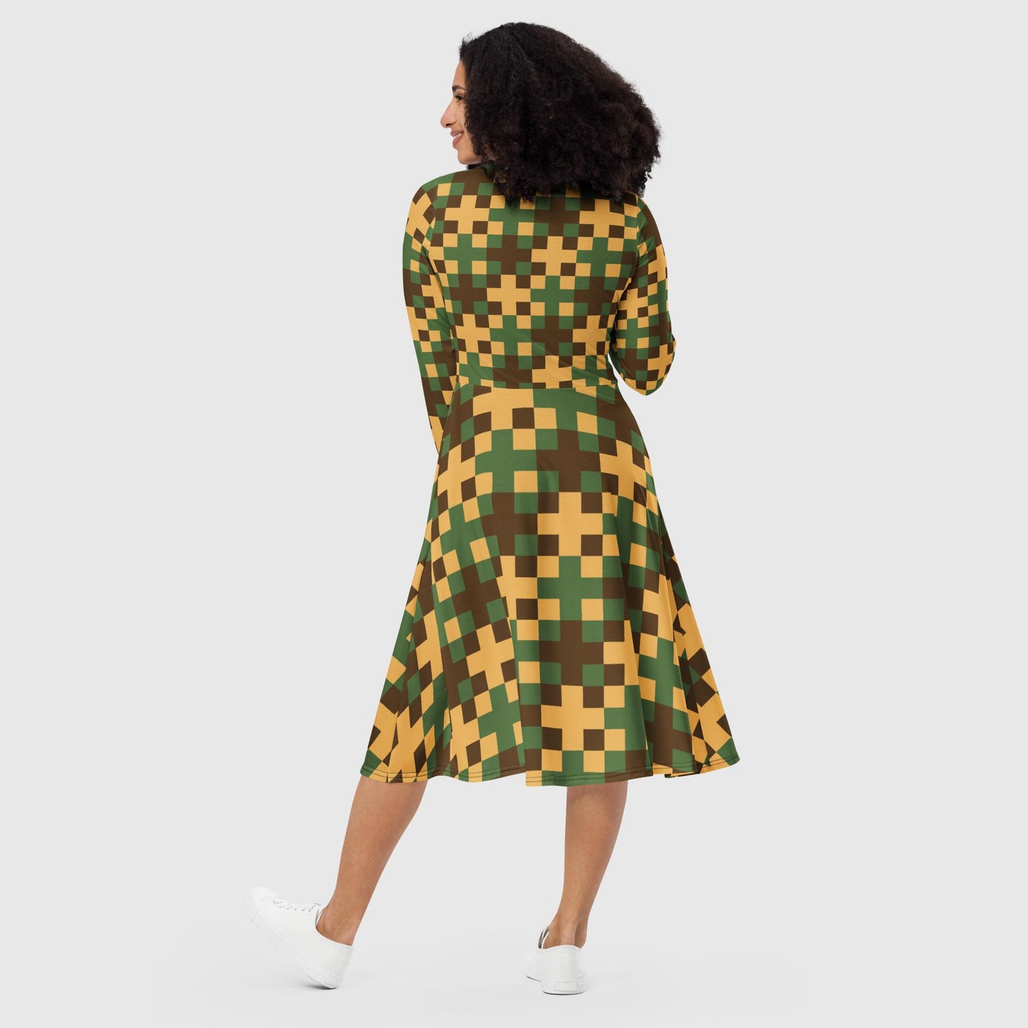 Women's long sleeve midi dress, Olive green and amber color midi dress, Geometric pattern midi dress, multicolor midi dress for summer and spring