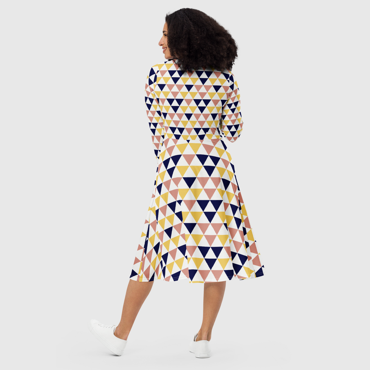 Women's long sleeve midi dress, Navy blue, amber, white and light pink midi dress, Geometric pattern midi dress, multicolor midi dress for summer and spring