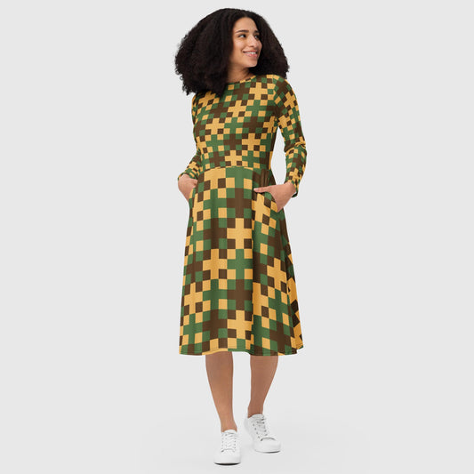 Women's long sleeve midi dress, Olive green and amber color midi dress, Geometric pattern midi dress, multicolor midi dress for summer and spring