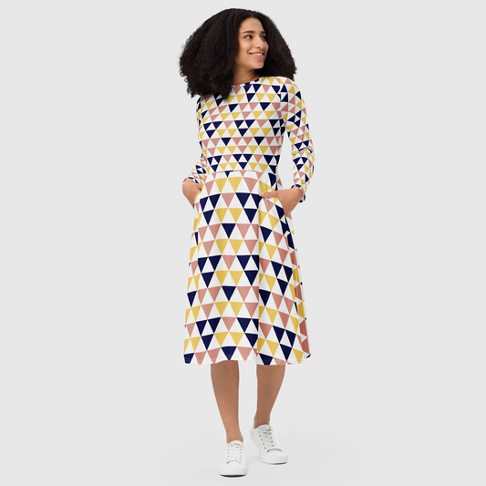 Women's long sleeve midi dress, Navy blue, amber, white and light pink midi dress, Geometric pattern midi dress, multicolor midi dress for summer and spring