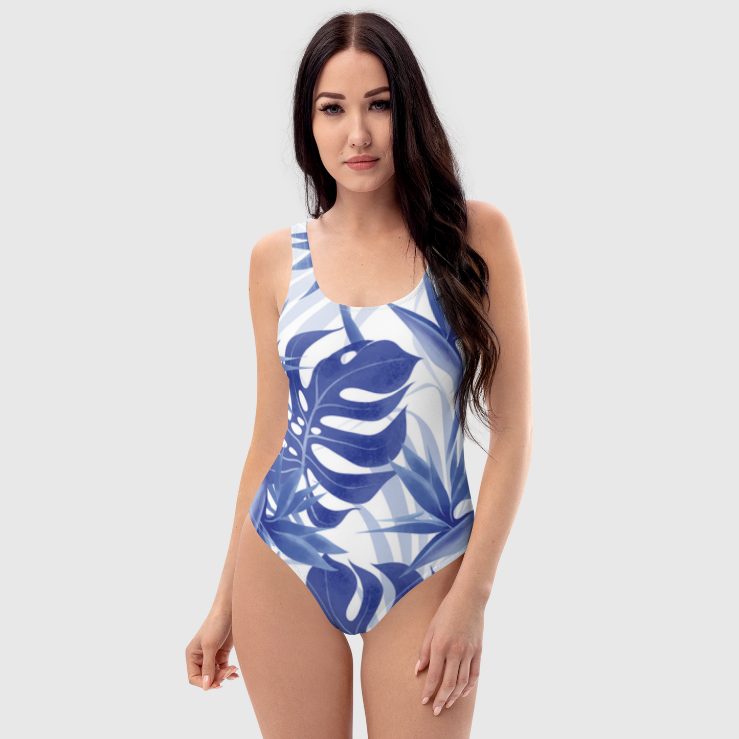 Women's leaf print blue and white one-piece swimsuit, Fern print multicolor swimwear, classic beach dress