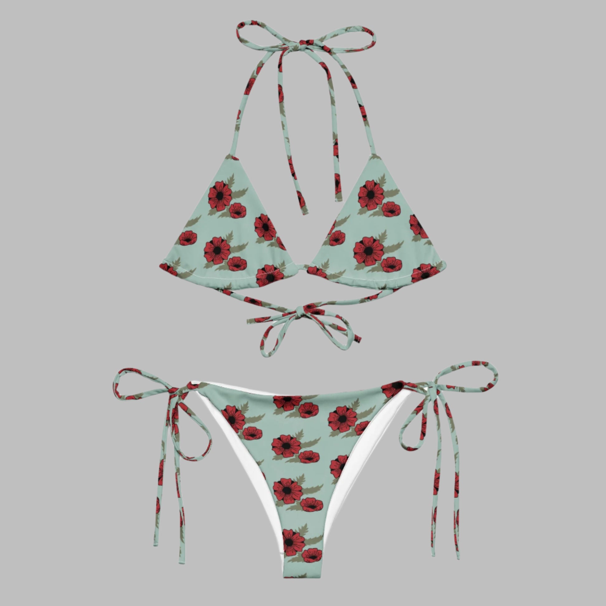 All - over print recycled string bikini, bathing suits, Swimming Suits. Women's Swimwear outfit - PratSN
