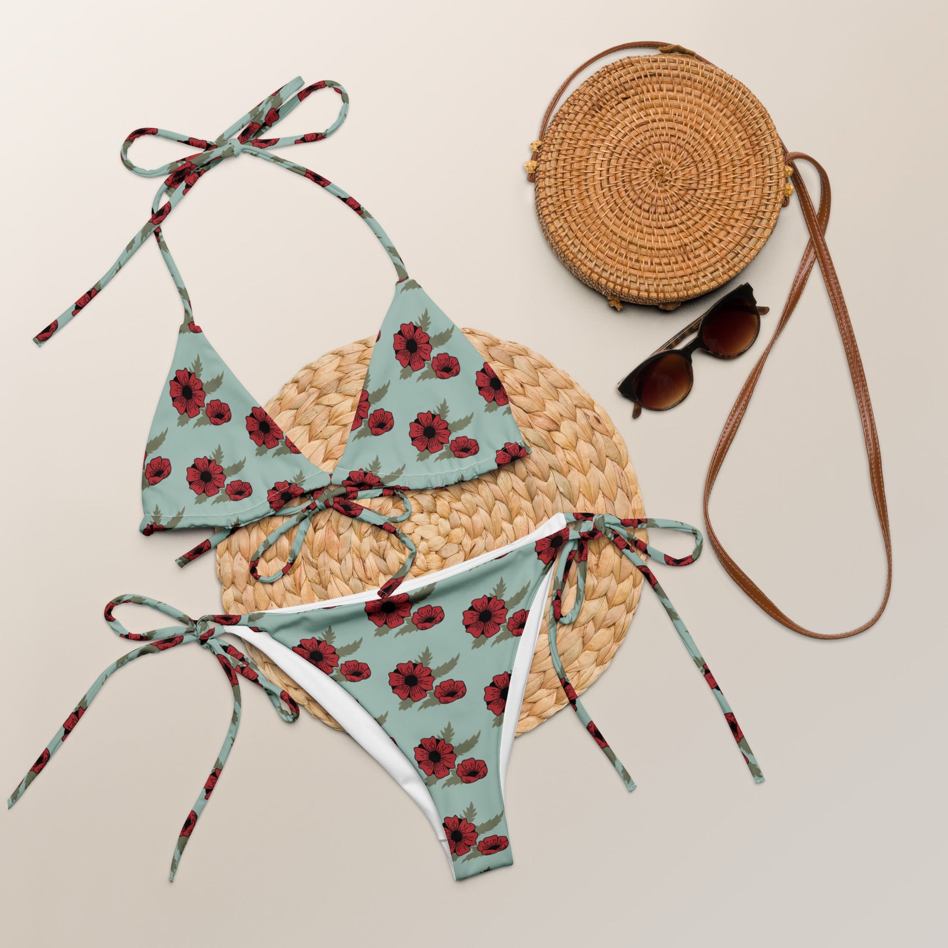 All - over print recycled string bikini, bathing suits, Swimming Suits. Women's Swimwear outfit - PratSN