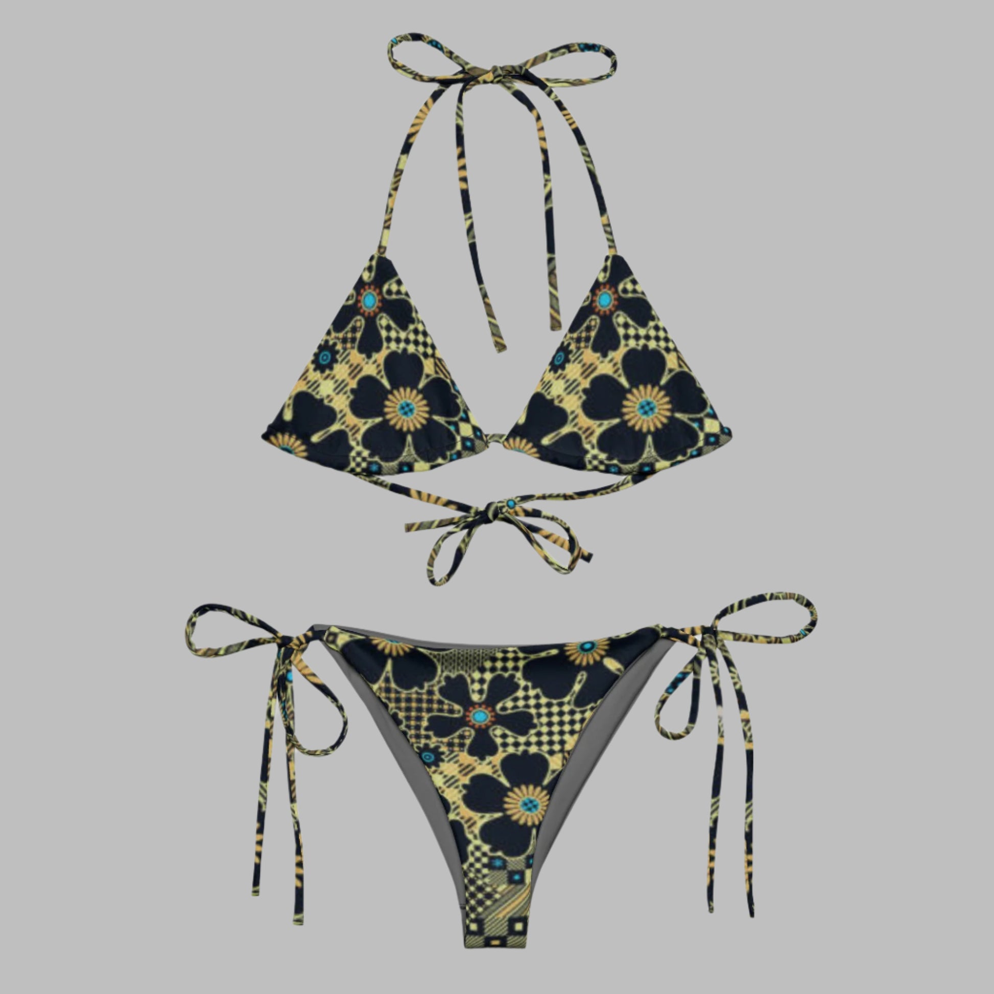 All - over print recycled string bikini, Black And Gold Bikini Floral bikini - PratSN