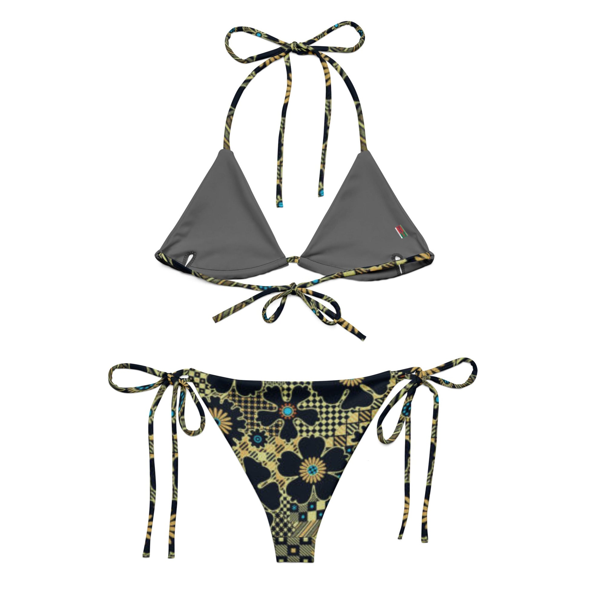 All - over print recycled string bikini, Black And Gold Bikini Floral bikini - PratSN