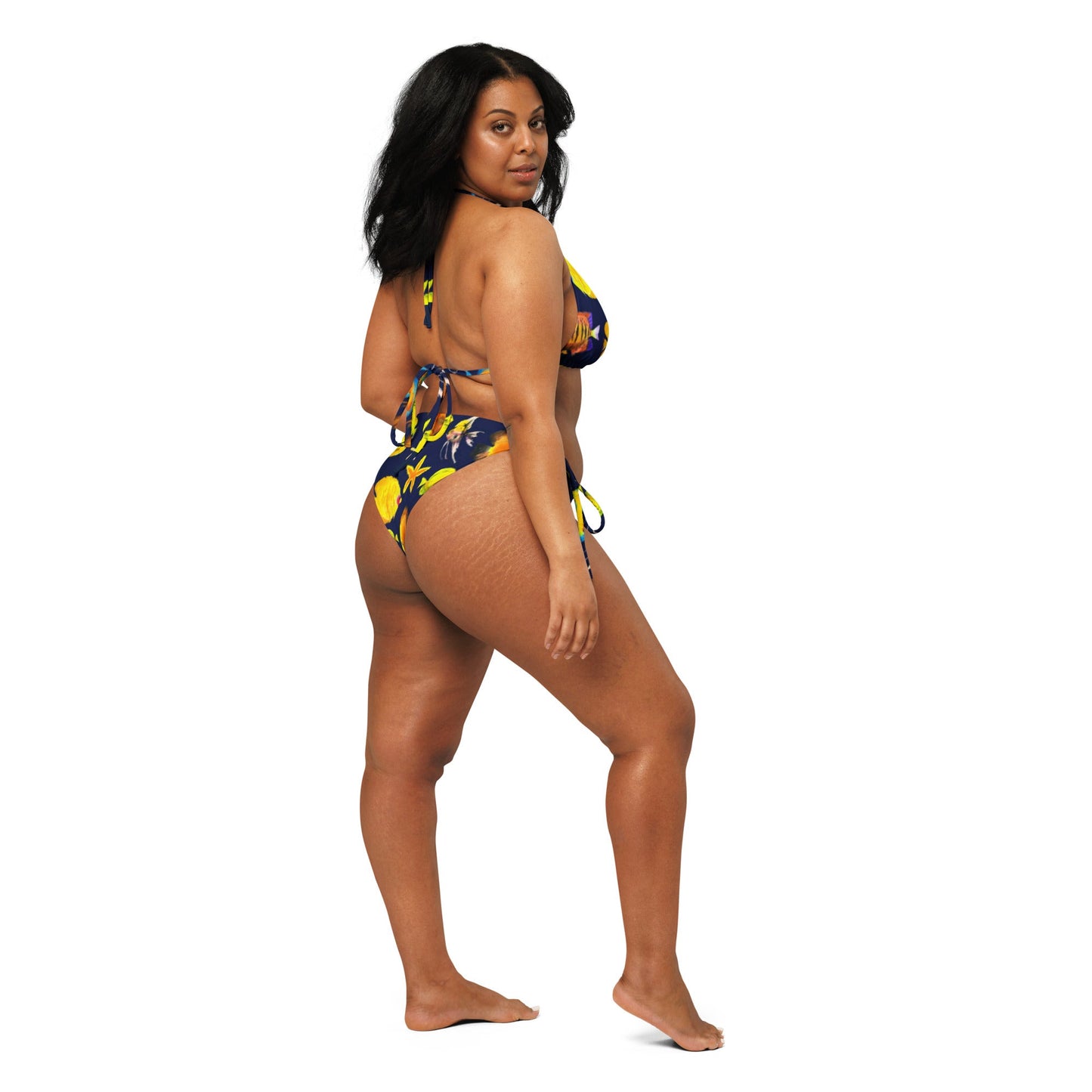 All - over print recycled string bikini, Blue Yellow Fish Pattern - PratSN