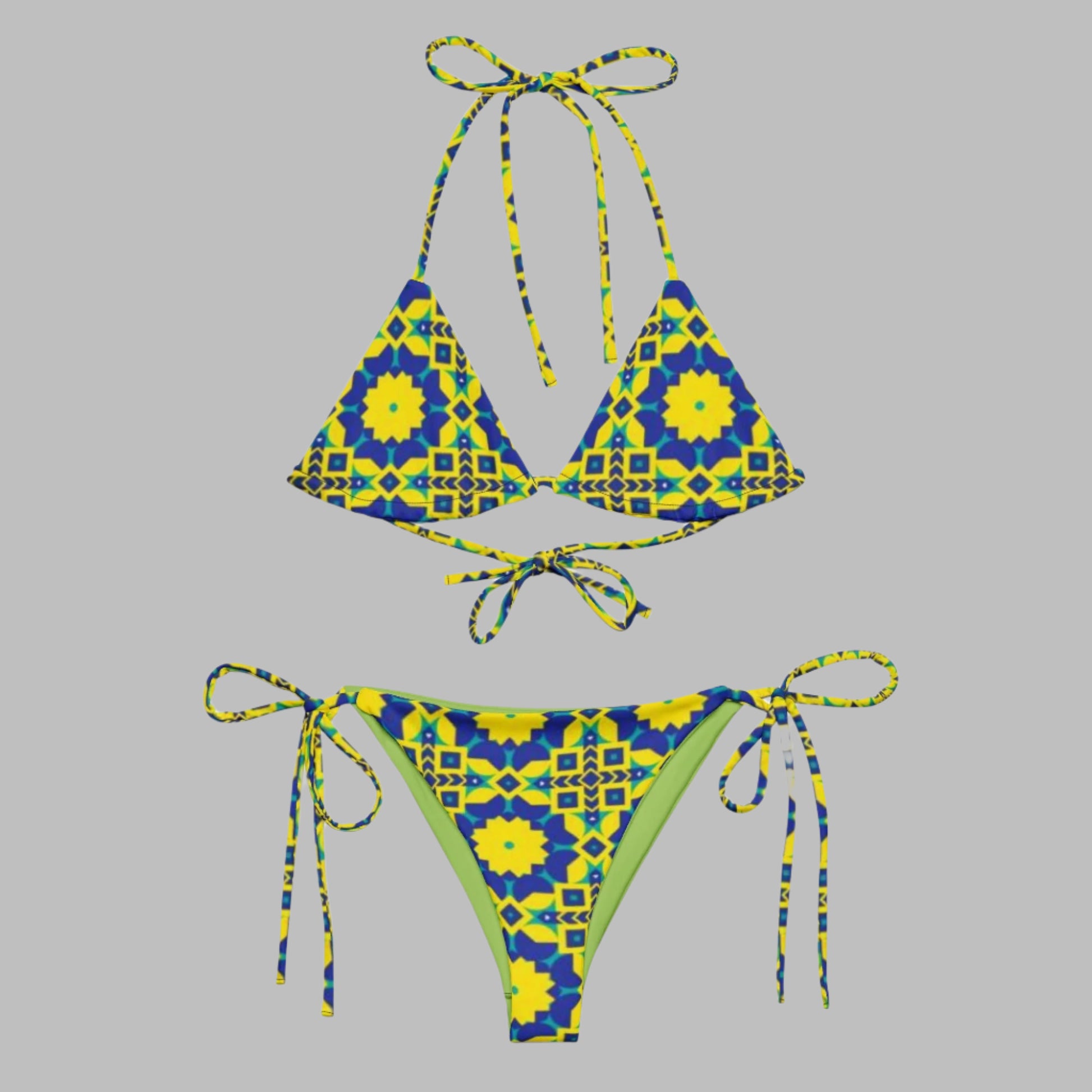 All - over print recycled string bikini, Floral Bikini Blue and Yellow - PratSN