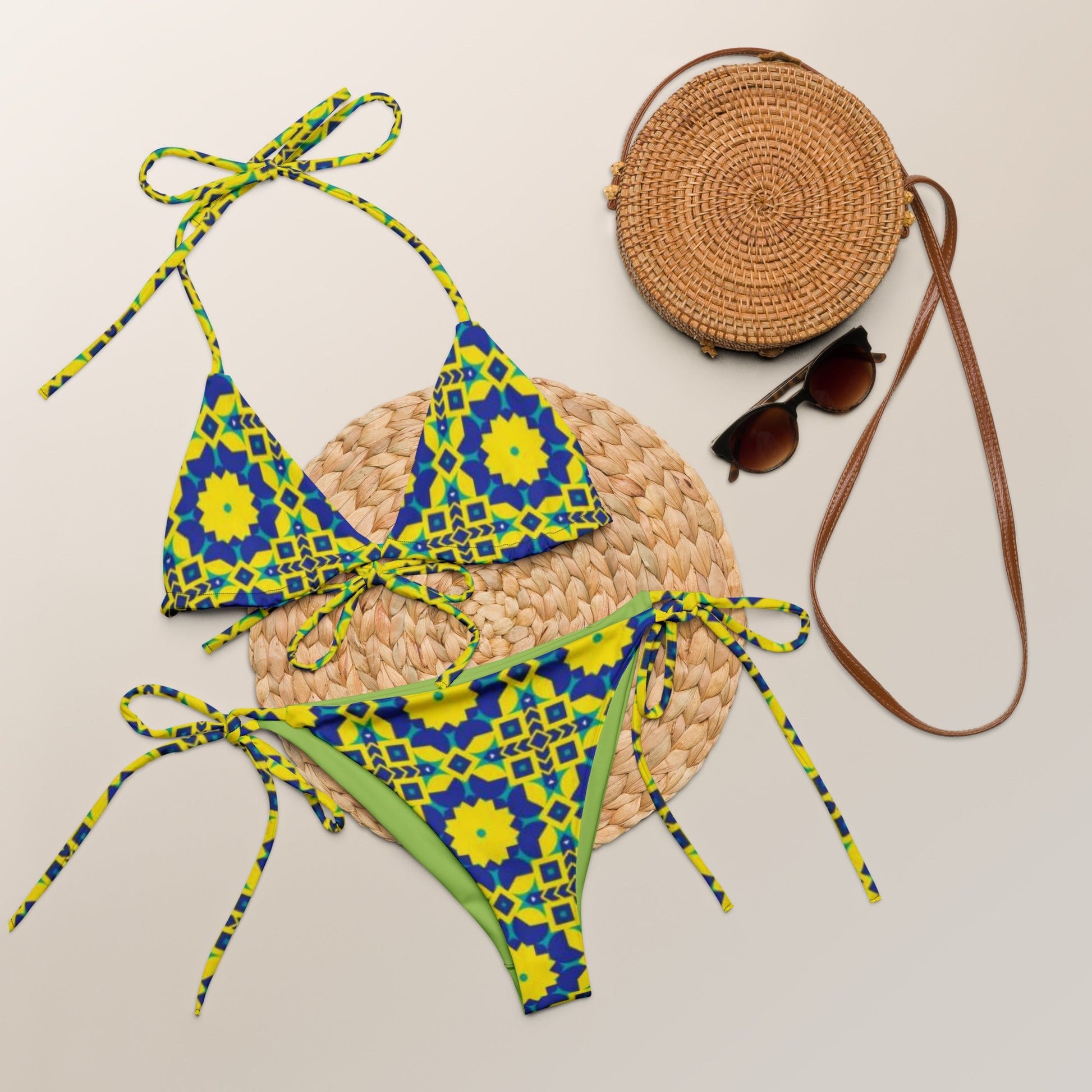 All - over print recycled string bikini, Floral Bikini Blue and Yellow - PratSN