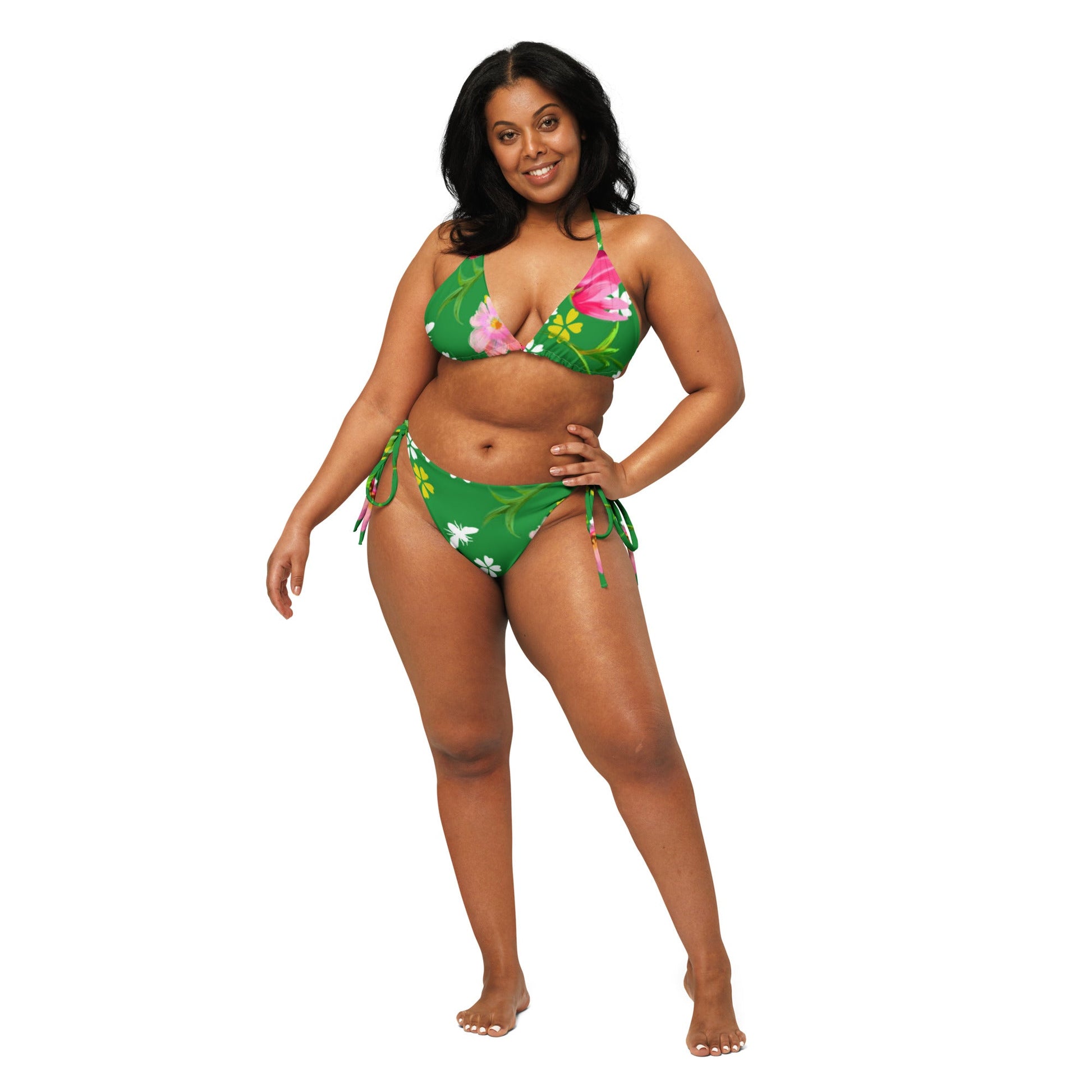 All - over print recycled string bikini, Green pink Bikini, Floral Bikini, Cute Summer Bikini - PratSN